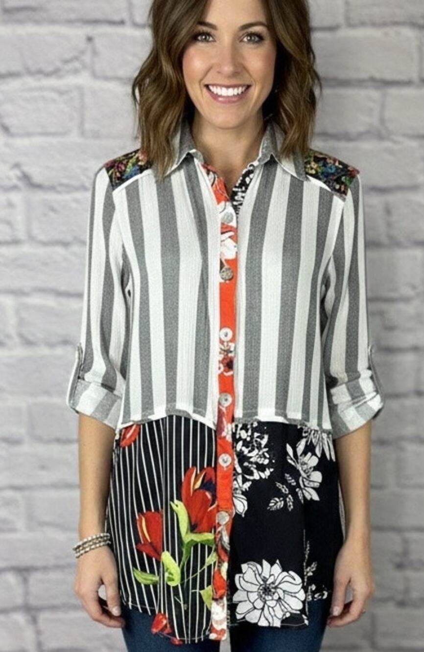 John Mark Boho Patchwork Striped and Floral Print Flowy Blouse